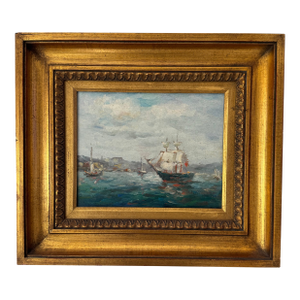 Framed Coastal Harbor Oil Painting