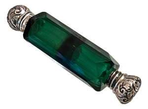 Beautiful Victorian scent bottle in emerald green with sterling caps // double-ended perfume bottle // vanity decor // antique boudoir