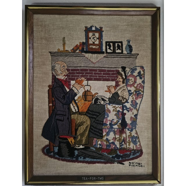 Wood Norman Rockwell “Tea for Two” Framed Needlepoint, 1983 Oak & Gold Frame For Sale - Image 7 of 11