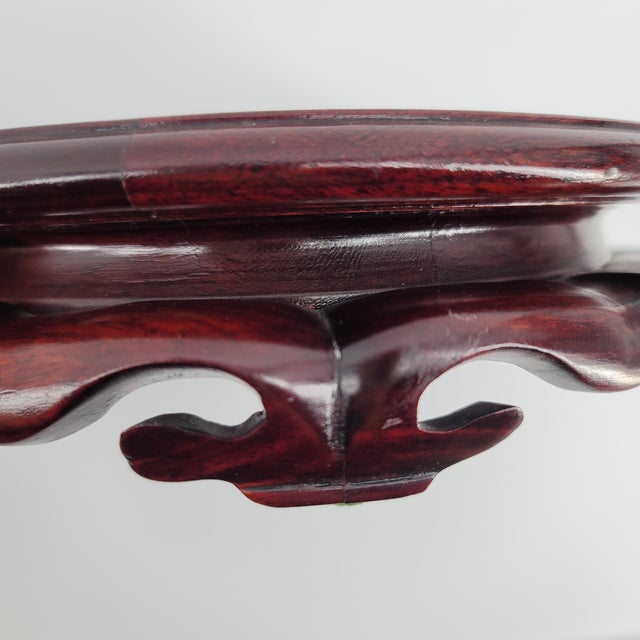 Vintage Chinoiserie Porcelain Garden Stool & Carved Wood Stand Set For Sale - Image 12 of 14