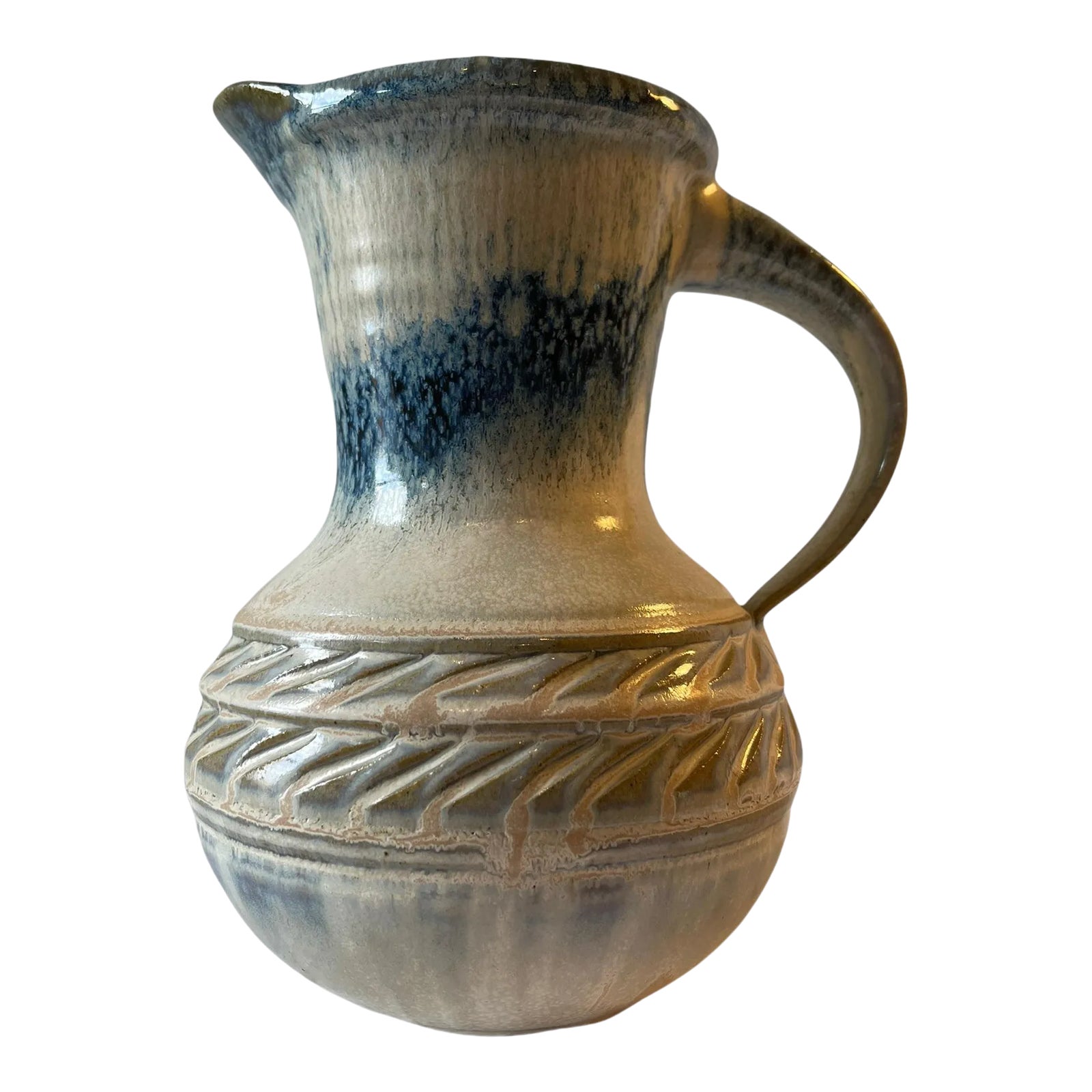 Vintage Cream Blue Glaze Textured Ceramic Pottery Pitcher | Chairish
