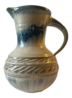 Vintage Cream Blue Glaze Textured Ceramic Pottery Pitcher