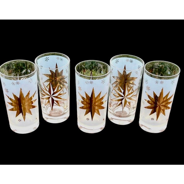 1970s Mid-Century Modern Federal Glass Atomic 22 Karat Gold North Star Mid-Century Highball Glasses Starburst Set of 5 Bartlett-Collins For Sale In Charlotte - Image 6 of 7