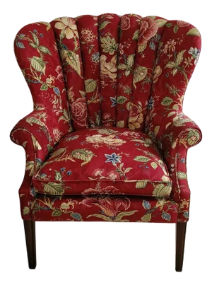 Mid 20th Century Classic Channel Tufted Wing Back Chair, Vintage Charm in a Burgundy Floral Chintz