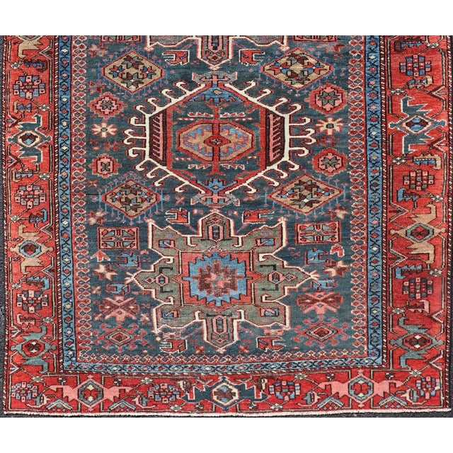 Textile Antique Persian Karajeh Rug With Three Geometric Medallions in Red & Blue For Sale - Image 7 of 11