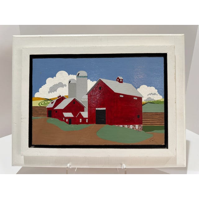 Wood Pair Signed 2002 American Folk Art Farm Landscape Paintings Red Barns For Sale - Image 7 of 14