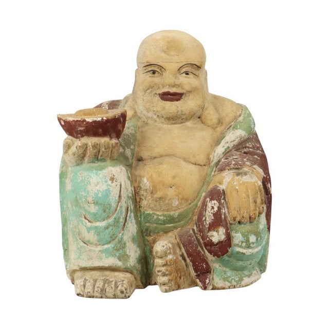 Large Laughing Buddha Wooden Polychrome Sculpture For Sale - Image 9 of 17