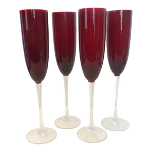 1990s Lenox Holiday Gems Ruby Red Crystal Blown Glass Champagne Flutes- Set of 4