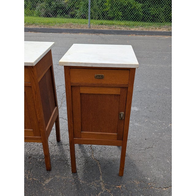 Antique French Oak White Marble Top Bedside Cabinets - A Pair For Sale - Image 12 of 12