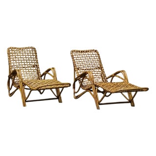 Woven Rattan and Bamboo Chaise Longues attributed to Tito Agnoli, Italy, 1960s, Set of 2 For Sale
