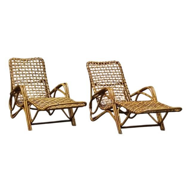 Woven Rattan and Bamboo Chaise Longues attributed to Tito Agnoli, Italy, 1960s, Set of 2 For Sale
