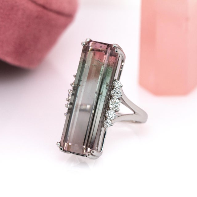 21cts Bi-Color Tourmaline Ring With Earth Mined Diamond Accents: Solid 14k Gold, Size 6.75 For Sale - Image 4 of 7