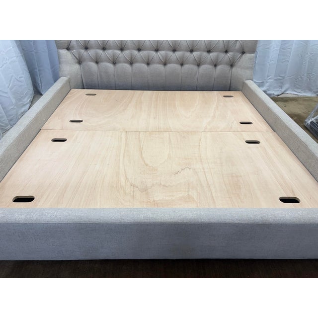 Attributed to Arhaus Tufted Wingback Upholstered Bed — King Custom Greige Upholstery | Deep Button Tufting | Fully Upholstered Frame For Sale - Image 15 of 17