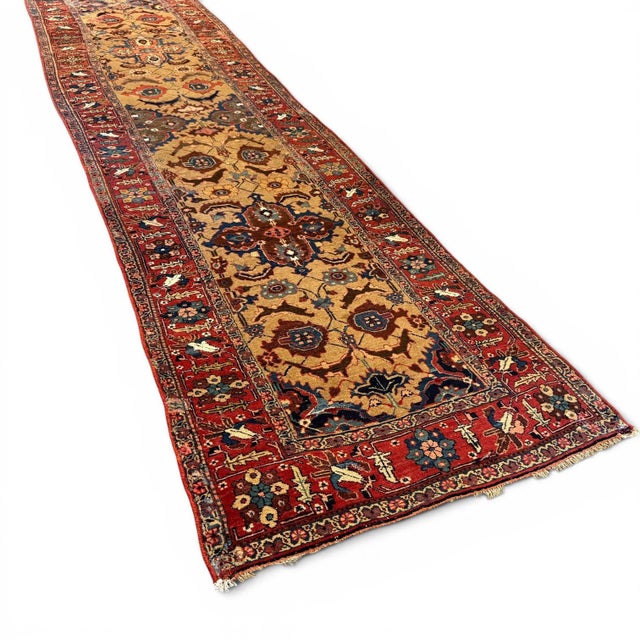 Traditional Antique Bijar Runner | 3'7" X 14'6" | Golden Beige Field With Red Floral Border | Circa Early 20th Century For Sale - Image 3 of 4