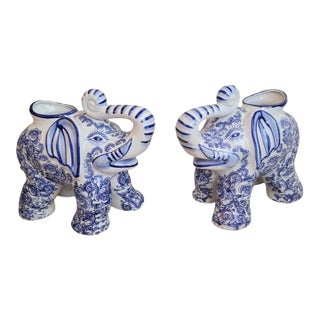 1990s Chinoiserie Blue and White Regency Large Elephant Planters- A Pair For Sale