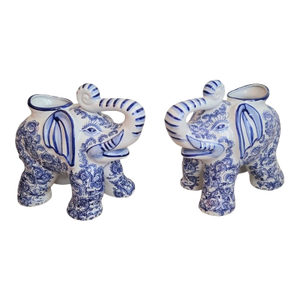 1990s Chinoiserie Blue and White Regency Large Elephant Planters- A Pair