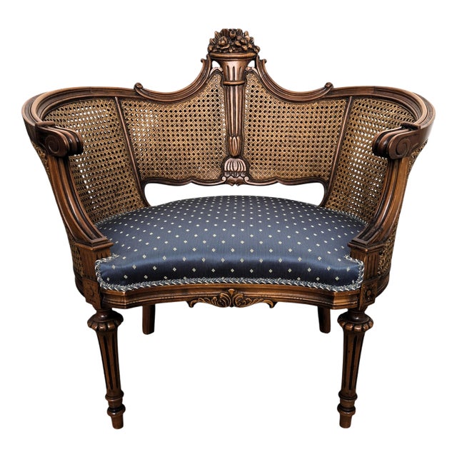 Louis XV Italian Carved Wood and Cane Back Armchair, 1960s For Sale