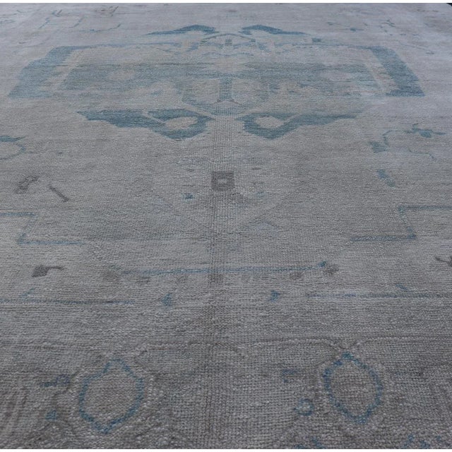 Traditional Modern Turkish Oushak Large Medallion Rug in Light Blue and Cream For Sale - Image 3 of 12