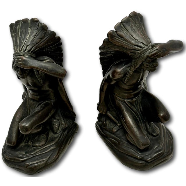 Large & Unusual Antique Native American Indian Motif Bronze Clad Bookends Signed Ruhl - Circa 1910s For Sale - Image 4 of 18