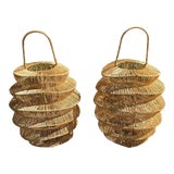 Image of Palacek Style Rattan Hurricane Lanterns - A Pair For Sale