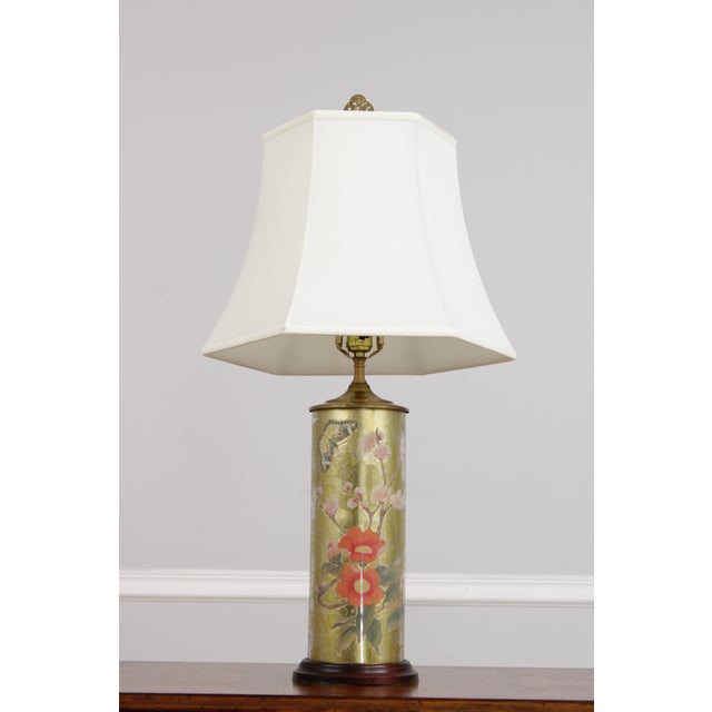 Age: Approx. 30 Years Old Details: Chinese Design Floral Motif Wood Base Stunning Reverse Painted Cylinder Glass Column...