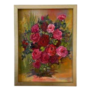 Original Marina Movshina Large Oil Painting of Roses Framed in Champagne Gold Wood For Sale