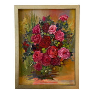 Original Marina Movshina Large Oil Painting of Roses Framed in Champagne Gold Wood