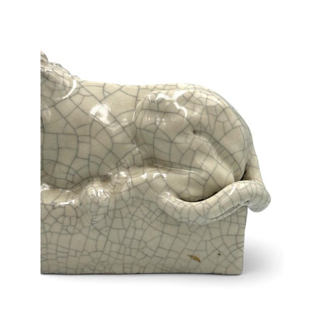 Ivory Pair of Mid-Century Italian Crackle-Glazed Ceramic Recumbent Lions For Sale - Image 8 of 10