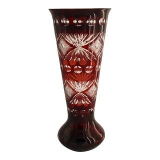 Large Bohemian Czech Ruby Cut to Clear Glass Vase, 15.75", Hand Blown For Sale