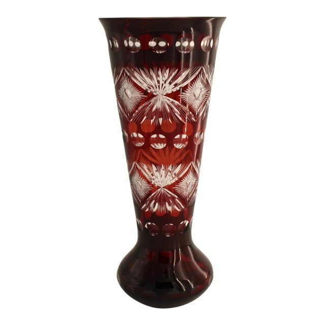 Large Bohemian Czech Ruby Cut to Clear Glass Vase, 15.75", Hand Blown For Sale