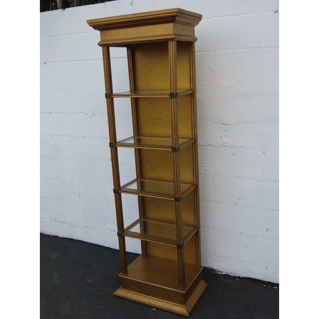 Hollywood Regency Hollywood Regency Tall Narrow Distressed Gold Display Shelf Cabinet 6661 For Sale - Image 3 of 15