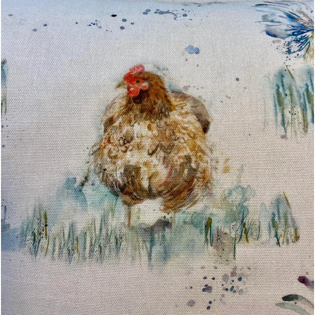 White 20” Square Pillow Adorned With a Chicken & Rooster Print - Made in U K For Sale - Image 8 of 11
