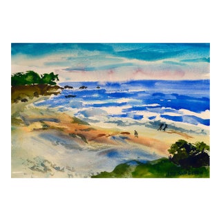 Vintage Coastal Figurative Landscape -- Walk on the Beach Watercolor by Les Anderson For Sale
