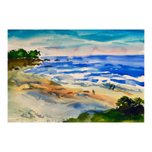 Vintage Coastal Figurative Landscape -- Walk on the Beach Watercolor by Les Anderson