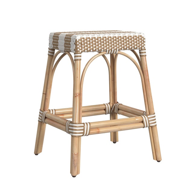 Cream Robias 24.5 in. Seat Height Rectangular Rattan Backless Counter Stool with Footrest, Tan/White Stripe/ Natural Rattan Frame For Sale - Image 8 of 8