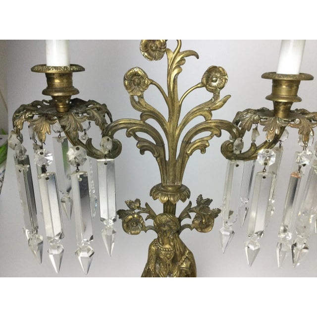 Pair of Late 19th Century Brass Figural Candelabra Lamps With Prisms For Sale - Image 4 of 12