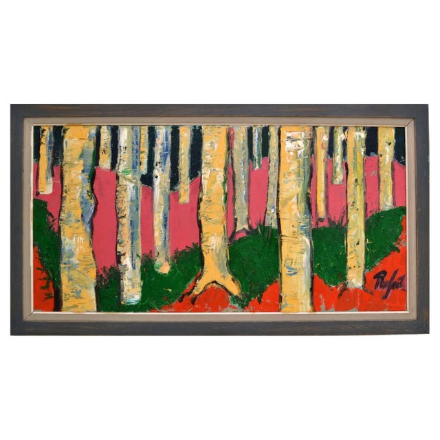 Rafael, Large Expressionist Colorful Birch Tree Landscape Painting, 1980s, Oil on Canvas, Framed For Sale