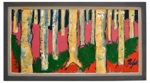 Rafael, Large Expressionist Colorful Birch Tree Landscape Painting, 1980s, Oil on Canvas, Framed
