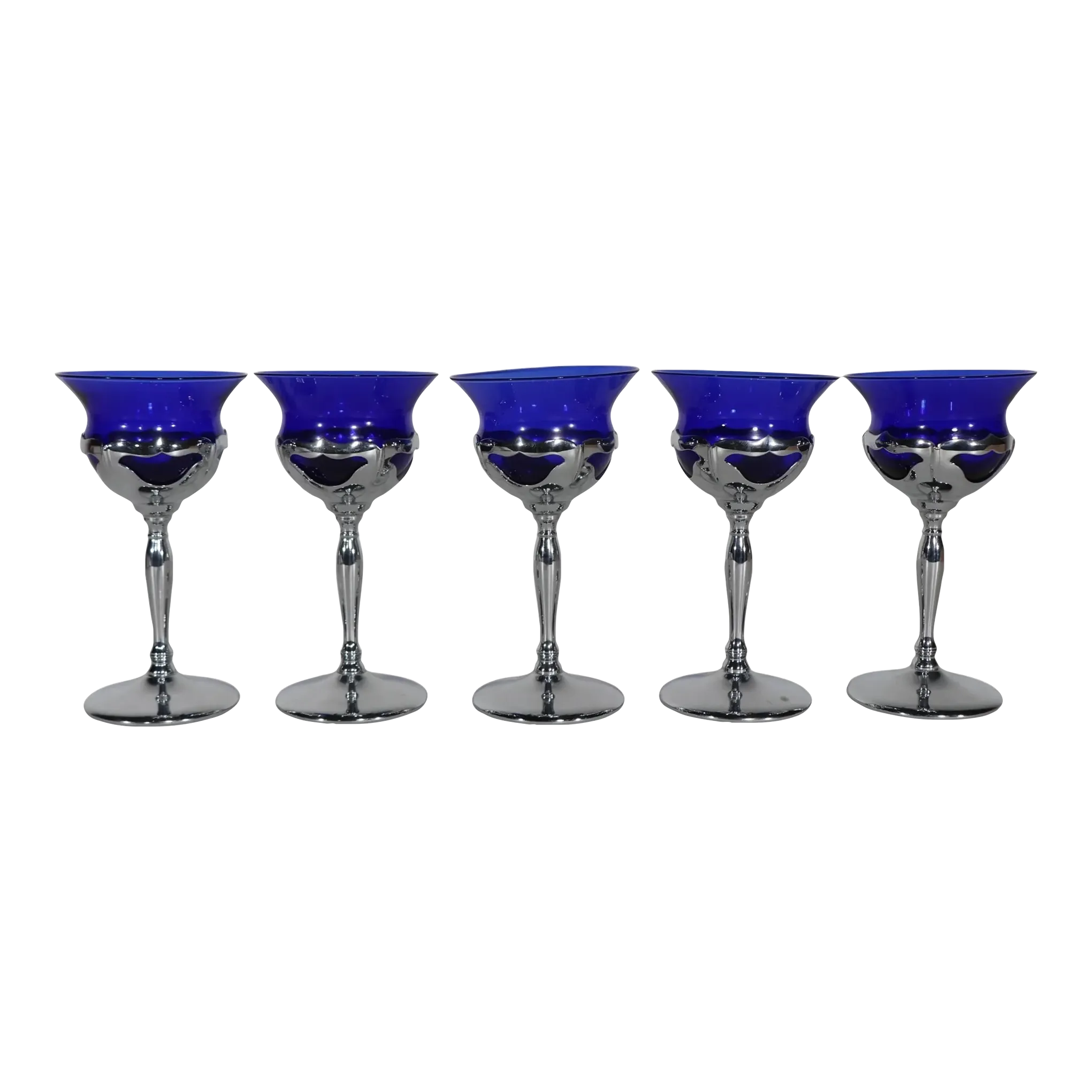 Set of Five Art Deco Mid Century Cobalt Glass and Chrome Wine Glasses by  Farber Brothers N Y
