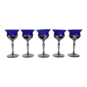 Set of Five Art Deco Mid Century Cobalt Glass and Chrome Wine Glasses by Farber Brothers N Y