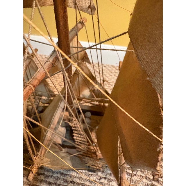 Arts & Crafts Vintage Handcrafted 3 Masted Wooden Ship Model With Fabric Sails For Sale - Image 3 of 7