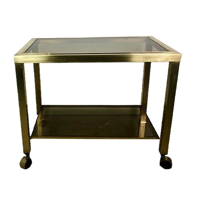 2-Tier Smoked Glass & Brass Serving Trolley, 1970s For Sale