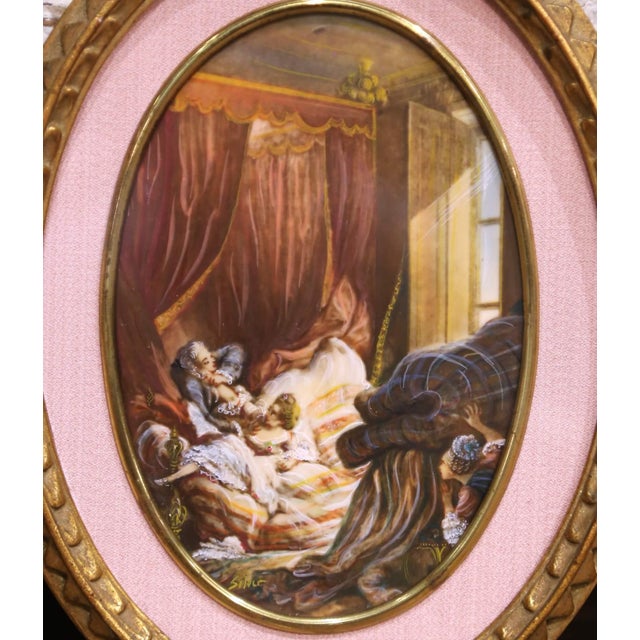 Wood Pair Mid-Century French Painted Genre Scene Oval Glass Pendants in Gilt Frames For Sale - Image 7 of 11