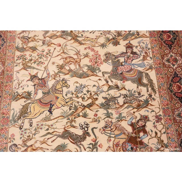 Textile Nazmiyal Collection 1950s Pictorial Hunting Scene Vintage Persian Silk Qum Rug For Sale - Image 7 of 8