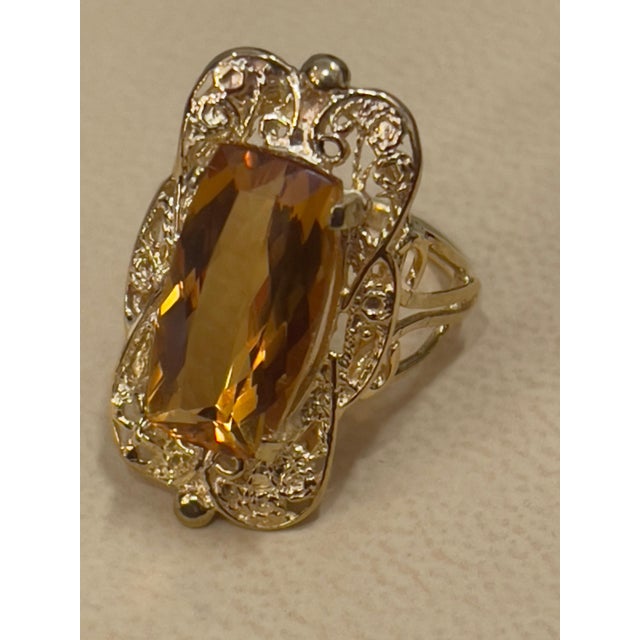 Yellow 6 Carat Natural Long Cushion Shape Citrine Cocktail Ring in 14 Karat Yellow Gold For Sale - Image 8 of 18