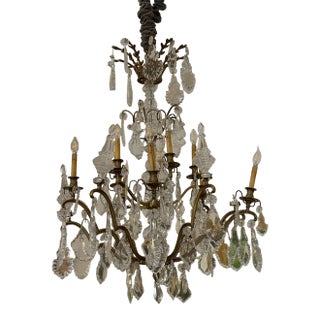 10-Light Crystal Chandelier + Antique Gold-Finish Metal Frame, Vintage For Sale