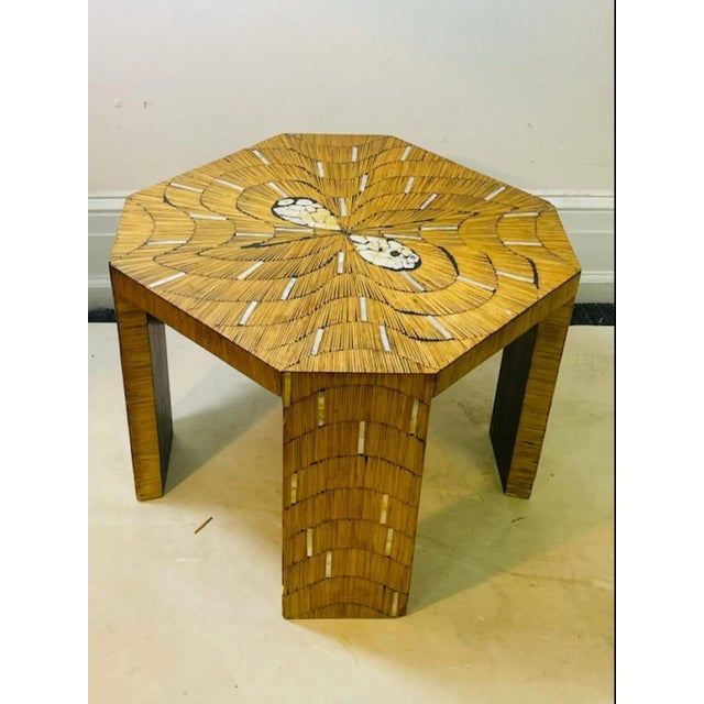 Modern 1970s Wood Table With Inlaid Mother of Pearl Designs For Sale - Image 3 of 10