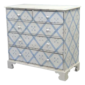 Vintage English Pine Five Drawer Dresser With Hand Painted Lattice and Flower Motif