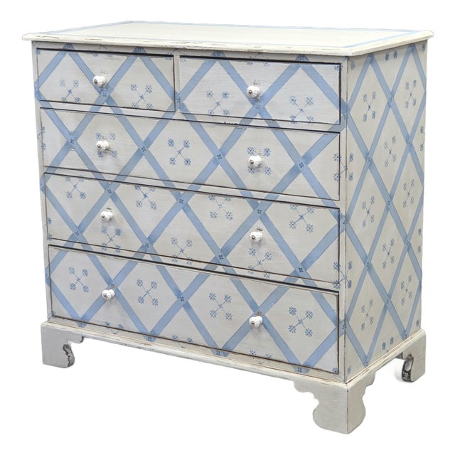 Vintage Rustic English Pine Five Drawer Dresser With Distress Painted and Stenciled Surface For Sale