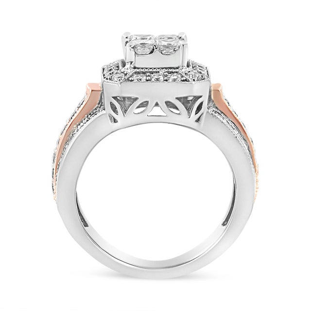 Haus of Brilliance 14K White and Rose Gold 1 1/8 Cttw Princess and Round-Cut Diamond Art Deco Style Triple Shank Halo Cocktail Ring - Size 7 For Sale - Image 4 of 6